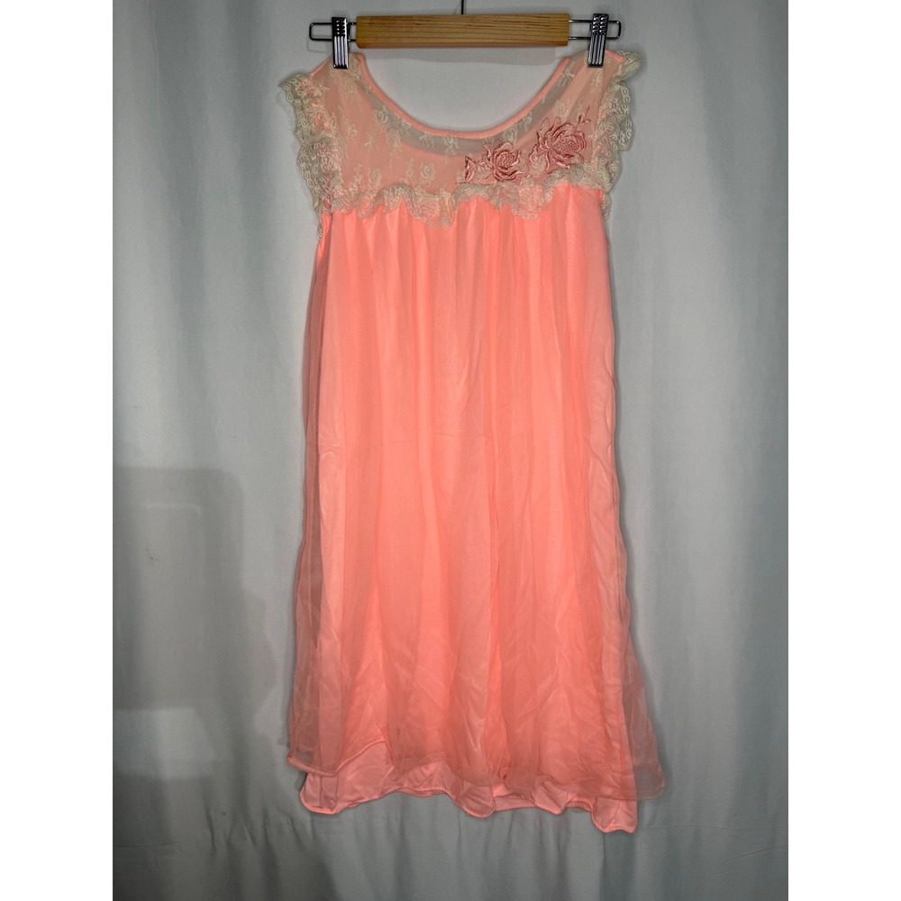 Vintage Peach Lace Trim Sheer Overlay Nightgown Sleeveless Small Made in USA